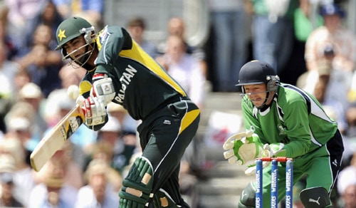 Shahzaib Hasan hits a shot in front of Niall O'Brien during an ICC World Twenty20 match at the Oval in London. (AFP Photo) WT20: PAK vs IRE