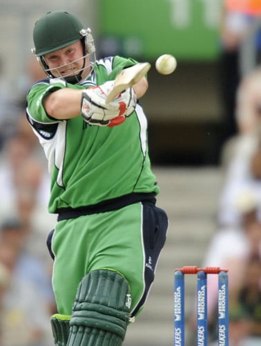 Paul Stirling hits a shot against Pakistan during an ICC World Twenty20 match at the Oval in London. (AFP Photo) WT20: PAK vs IRE