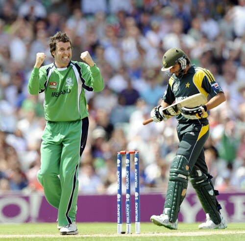 Kyle McCallan celebrates taking the wicket of Shahid Afridi during an ICC World Twenty20 match at the Oval in London. (AFP Photo) WT20: PAK vs IRE