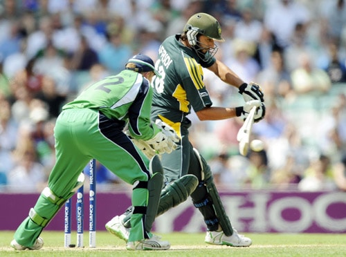 Shahid Afridi hits a shot in front of Niall O'Brien during an ICC World Twenty20 match at the Oval in London. (AFP Photo) WT20: PAK vs IRE