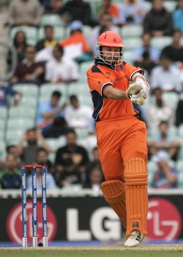 Ryan ten Doeschate of the Netherlands hits out against Scotland in their warm-up match for the Twenty20 World Cup match at the Oval in London, on Wednesday. (AP Photo) NED vs SCO warm-up match