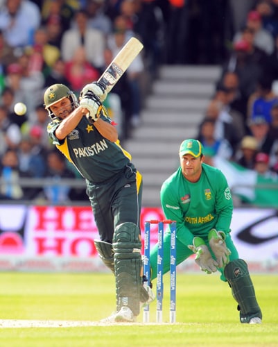 Shahid Afridi hits the ball against South Africa during the ICC World Twenty20 semi-final match at Trent Bridge in Nottingham. (AFP Photo) WT20: SA vs PAK