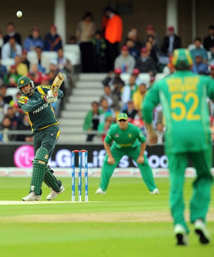 Shahzaib Hasan hits the ball to be caught out by Roelof van der Merwe for a duck during the ICC World Twenty20 semi-final match at Trent Bridge in Nottingham. (AFP Photo) WT20: SA vs PAK