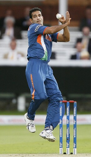 Irfan Pathan bowls against the West Indies during the ICC World Twenty20 match at Lord's in London. (AFP Photo) WT20: IND vs WI