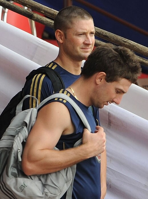 Australian captain Michael Clarke (L) and teammate Shaun Marsh leave after attending a training session at The Jawaharlal Nehru Cricket Ground.(AFP Photo) Ind vs Aus 3rd ODI: Teams' training session