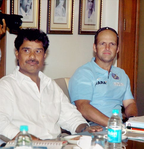 Coach Gary Kirsten and Narendra Hirwani during the meeting to select the Indian team for the first two Tests against Australia in Mumbai. Team selection for Australia series