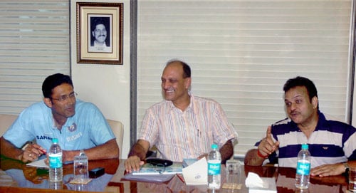 Captain Anil Kumble with selection committee members Raja Venkat and Yashpal Sharma during the meeting to select the Indian team for the first two Tests against Australia. Team selection for Australia series