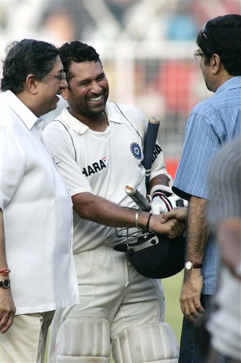 Board of Control for Cricket in India President N. Srinivasan, left, and Indian teams' chief selector K. Sreekanth, right, congratulate Sachin Tendulkar after the fifth day of the first Test cricket match between India and England in Chennai on Monday, December 15, 2008. Tendulkar hit the winning runs and reached his 41st Test hundred with a swept boundary on Monday as India set a record for a victorious fourth-innings run chase on home soil to beat England by six wickets in the first Test. (AP Photo) Tendulkar's way to 41st ton
