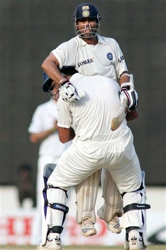 Sachin Tendulkar and Yuvraj Singh celebrate India's victory during the fifth day of the first Test cricket match between India and England in Chennai on Monday, December 15, 2008. (AP Photo) Tendulkar's way to 41st ton