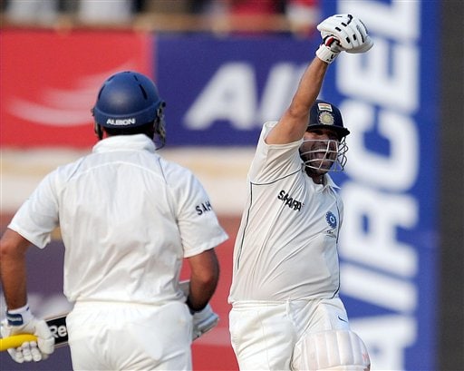 Sachin Tendulkar celebrates scoring a 100 runs and winning the match on the fifth day of the first cricket Test match against in Chennai on Monday December 15, 2008. (AP Photo) Tendulkar's way to 41st ton