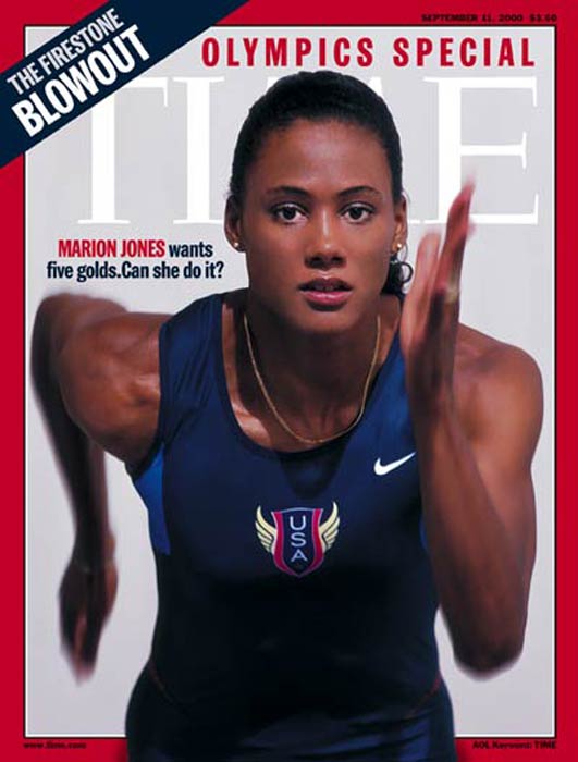 <b>Marion Jones:</b> The former World Champion track and field athlete made it to the cover as she was gunning for her fifth gold in 2000. In 2007 all her medals were forfeited as she confessed of taking performance-enhancing drugs. (Image Courtesy: Time Magazine)