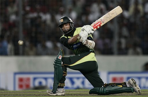 Mohammad Yousuf plays a shot against Bangladesh during their first one-day international cricket match in Dhaka on Sunday, June 8, 2008. Pakistan had set a target of 233 runs in forty overs for Bangladesh, after the match started with a delay due to rain in Dhaka. Bangladesh vs Pakistan, 1st ODI