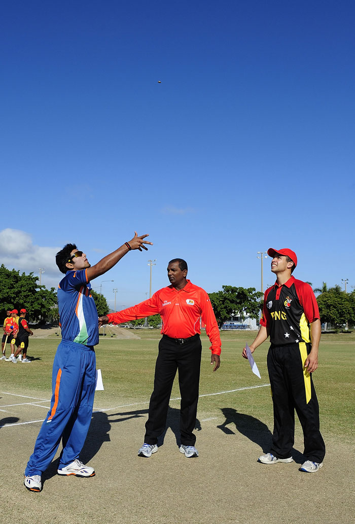 Unmukt Chand, the Indian skipper, chose to bat after winning the toss at the Endeavour Park in Townsville. It was not a bright start for them though as they lost the skipper early when the team score was just 5. (Photo by Ian Hitchcock-ICC/Getty Images) Under-19 Wrold Cup: India beat PNG, face Pakistan in quarter-final