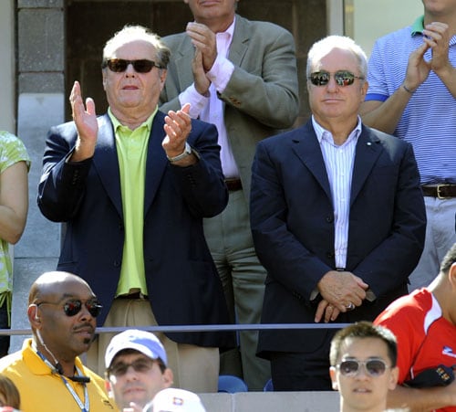 Actors Jack Nicholson and Lorne Michaels watch Argentina's Juan Martin Del Potro play Spaniard Rafael Nadal in the US Open semifinals in New York. (AFP Photo) US Open Day 14