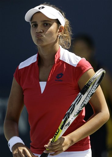 Sania Mirza of India grimaces during her match against Anna Chakvetadze of Russia at the US Open tennis tournament in New York on Saturday. US Open - Day 6