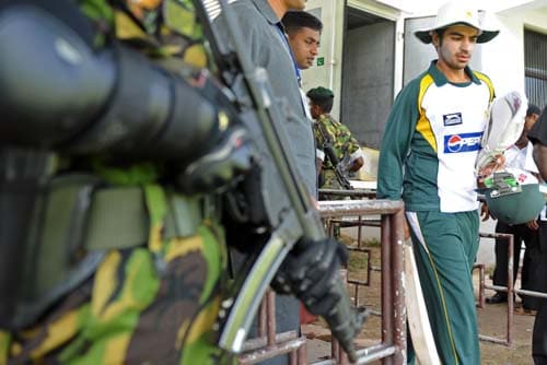 Sri Lankan security personnel stand guard as Salman Butt arrives for a practice match in Colombo. (AFP Photo) Warm-up: PAK vs SL