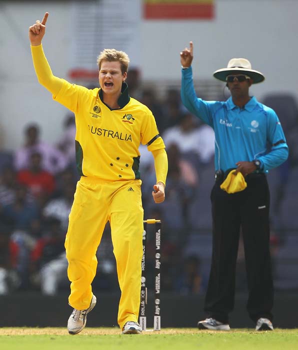 Steven Smith celebrates the wicket of Jamie How after he bowled him LBW during the 2011 ICC World Cup Group A match between Australia and New Zealand at Vidarbha Cricket Association Ground in Nagpur. (Getty Images) World Cup: Australia vs New Zealand