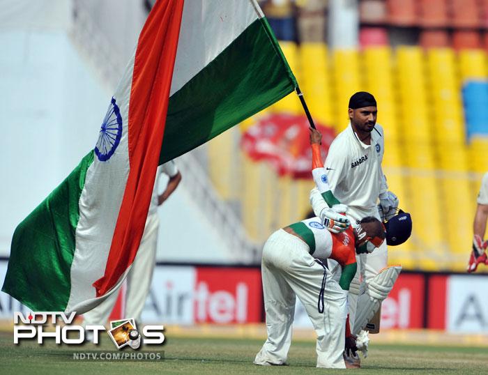 Harbhajan Singh scored a brilliant century and added 163 runs with the evergreen and perennial saviour, Laxman, to save India the blushes as the first test match ended in a draw. The last time New Zealand toured India