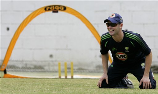 Australia's vice captain Michael Clarke smiles while participating in a catching drill during a training session at the Antigua Recreation Ground in St. John's on Wednesday, May 28, 2008. The second cricket Test match between West Indies and Australia begins on Friday. Australia-West Indies, practice session