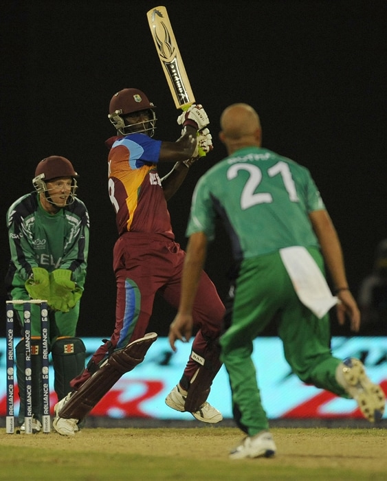 Niall O'Brien and Andre Botha of Ireland look on as Darren Sammy of west Indies plays ba shot during their ICC World Twenty20 2010 match at the Providence Stadium in Guyana. (AFP Photo) T20 WC: WI vs IRE