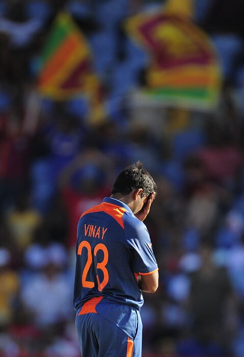 Vinay Kumar reacts during the ICC World Twenty20 Super Eight match between India and Sri Lanka at the Beausejour Cricket Ground. Sri Lanka won by 5 wickets to eliminate India. (AFP Photo) WT20: Ind vs SL
