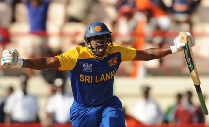 Chamara Kapugedara celebrates their victory in the ICC World Twenty20 Super Eight match between Sri Lanka and India at the Beausejour Cricket Ground. Sri Lanka won by 5 wickets to eliminate India. (AFP Photo) WT20: Ind vs SL