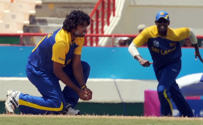 Sri Lankan cricketer Lasith Malinga takes the catch of Indian cricketer Dinesh Karthik as teammate Thissara Perera looks on during the ICC World Twenty20 Super Eight match between Sri Lanka and India. (AFP Photo) WT20: Ind vs SL