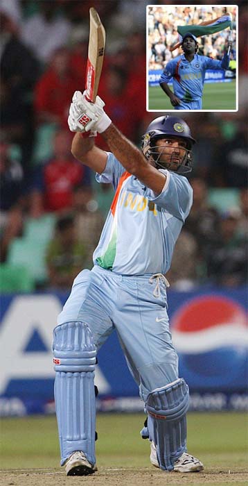 <b>Tryst with Twenty20:</b> Perhaps it is the format best suited to Yuvraj's batting style. Boasting of a staggering strike rate of over 158 in the shortest format, Yuvraj took world by storm when he hit six sixes in the 2007 T20 World Cup. Instigated by Andrew Flintoff in a verbal war, Yuvraj went berserk in the following over of Stuart Broad and made a record of sending all six deliveries in the crowd.<br><br>His T20 exploits gave him the status of an icon player along side the likes of Sachin Tendulkar, Ganguly, Dravid etc in the inaugural edition of the IPL.<br><br>Leading Preity Zinta-owned Kings XI Punjab in the two season, Yuvraj made headlines for getting <i>Jadoo ki Jhappis</i> from his pretty Bollywood boss. However, if recent reports are to be believed, Yuvraj has been dethroned for the third season of the T20 extravaganza.<br><br><a href='http://cricket.ndtv.com/cricket/ndtvcricket/readforum.aspx?trdid=2775'>Wish Yuvraj on his 28th birthday</a> Yuvraj's 28th birthday: A photo essay