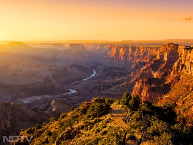 3. Grand Canyon, USA
The Grand Canyon National Park offers dramatic views at sunset, with the river and rock formations glowing gold from various lookout points across the vast terrain.
