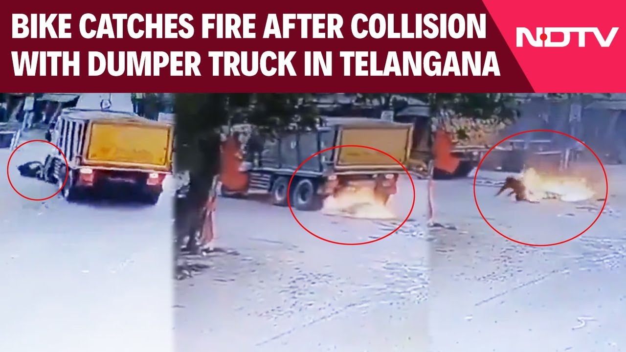 Telangana News | Bike Catches Fire After Collision With Dumper Truck, Rider Seriously Injured