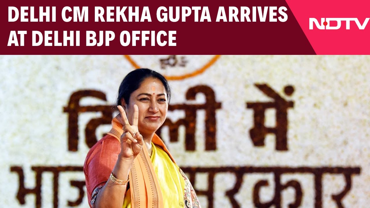 Delhi CM Rekha Gupta Arrives At Delhi BJP Office Ahead Of Delhi Assembly Session
