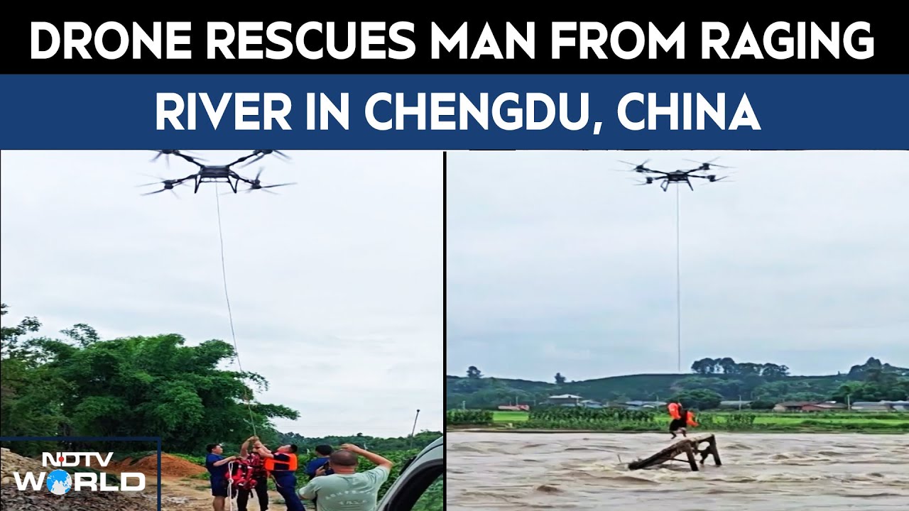 China Rain News | On Camera: Drone Rescues Man From Raging River In Chengdu, China