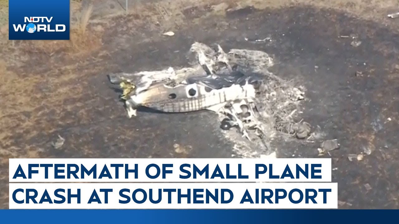 Drone Visuals: Aftermath Of Small Plane Crash At London Southend Airport