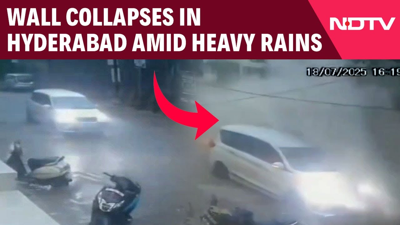 On Camera, Car's Narrow Escape As Wall Collapses Amid Heavy Rains In Hyderabad
