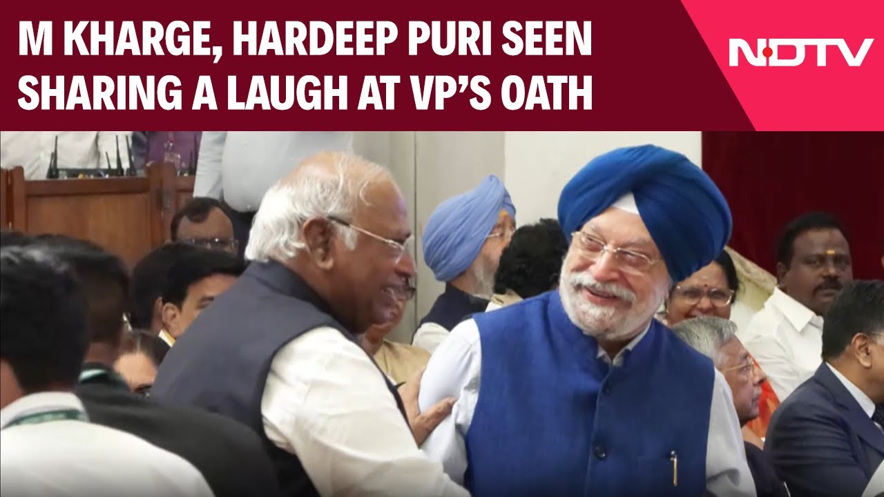 M Kharge, Hardeep Puri Capture Attention With Candid Interaction At V-P's Oath