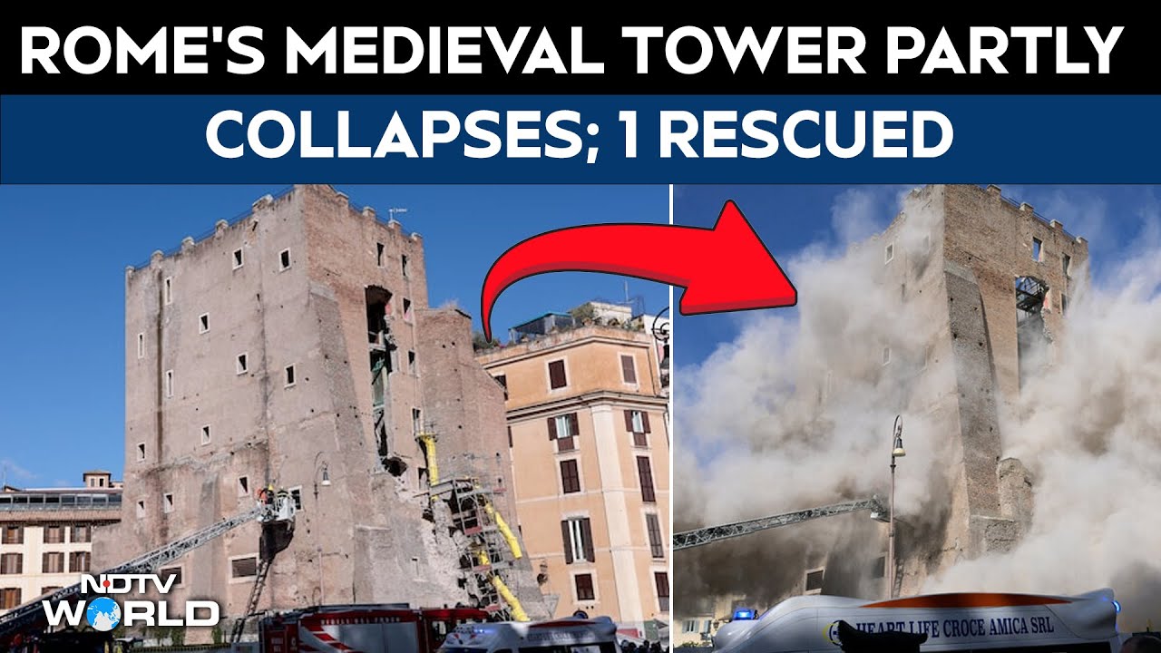 Rome Tower Collapse | Firefighters Struggle To Rescue Worker From Rubble In Medieval Tower collapse