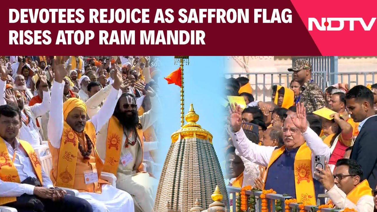 Ayodhya News | Devotees Rejoice As Saffron Flag Rises Atop Ram Janmabhoomi Temple’s Shikhar