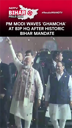 PM Modi Waves 'Ghamcha' At BJP HQ After Historic Bihar Mandate