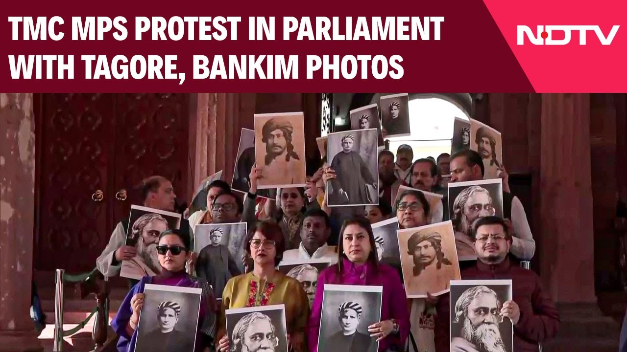 Vande Mataram Debate | TMC MPs stand with Tagore, Bankim Chandra Chatterjee’s Photos in Parliament