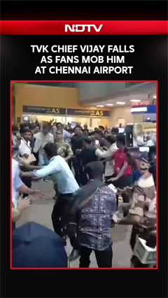 TVK Chief Vijay Stumbles & Falls After A Crowd Of His Fans Mob Him At Chennai Airport