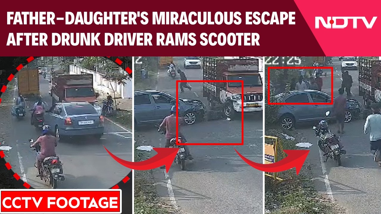 On Cam: Drunk Driver Rams Two-Wheeler, Father-Daughter's Miraculous Escape