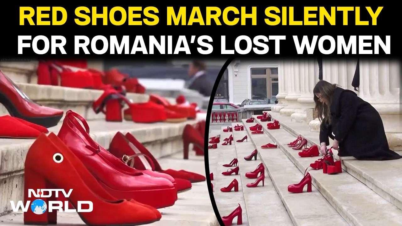 Red Shoes On Romania's Bucharest Concert Hall Steps Honor Domestic Violence Victims