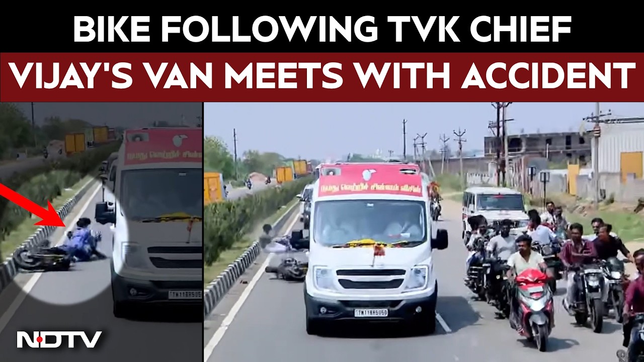 Vijay Rally | Biker Following TVK Chief Vijay's Van During Sivaganga Roadshow Meets With Accident