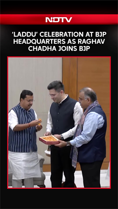 BJP Chief Nitin Nabin offers laddu to Rajya Sabha MPs Raghav Chadha, Sandeep Pathak and Ashok Mittal