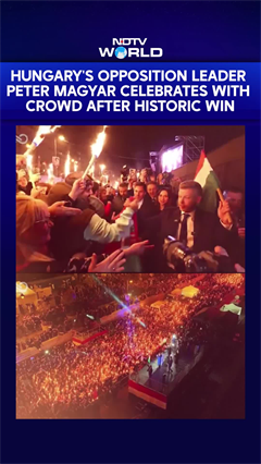 Hungary's Opposition Leader Peter Magyar Celebrates With Crowd After Historic Win