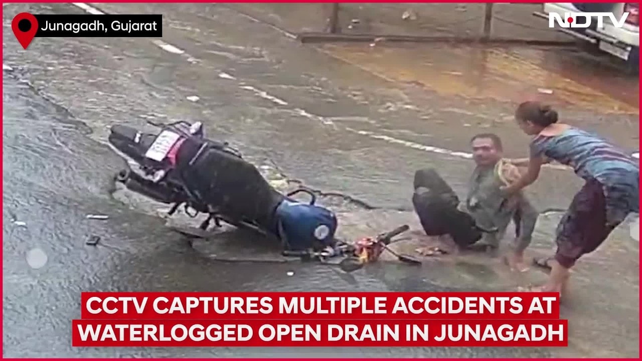 Rain News Today | CCTV Captures Multiple Accidents At Waterlogged Open Drain In Junagadh