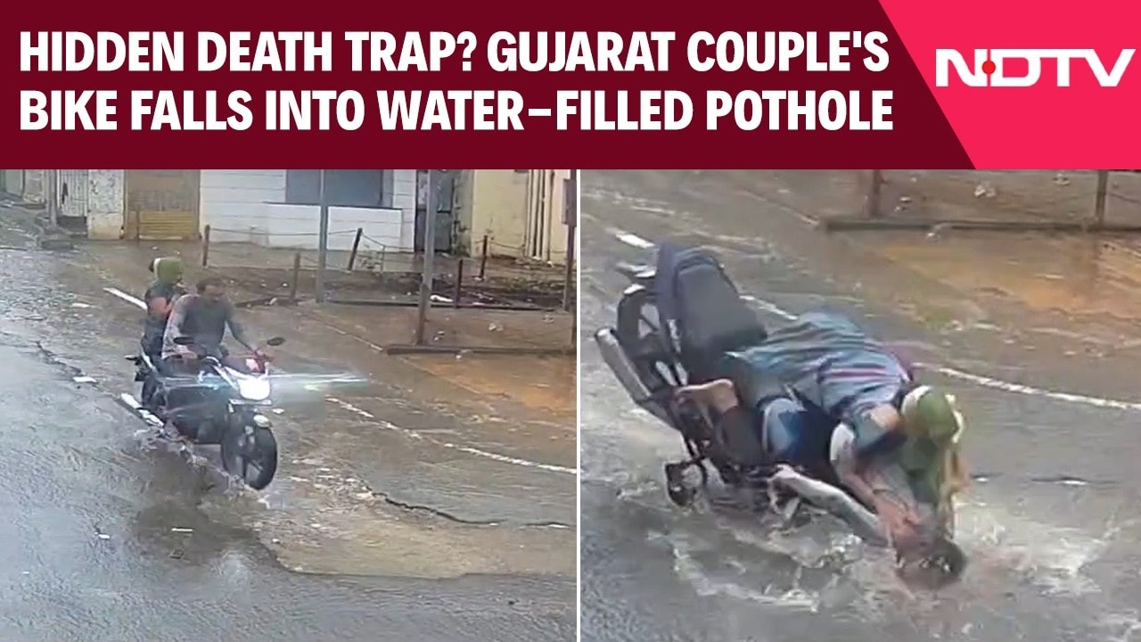 Caught On Cam: Hidden Death Trap? Gujarat Couple's Bike Falls Into Water-Filled Pothole