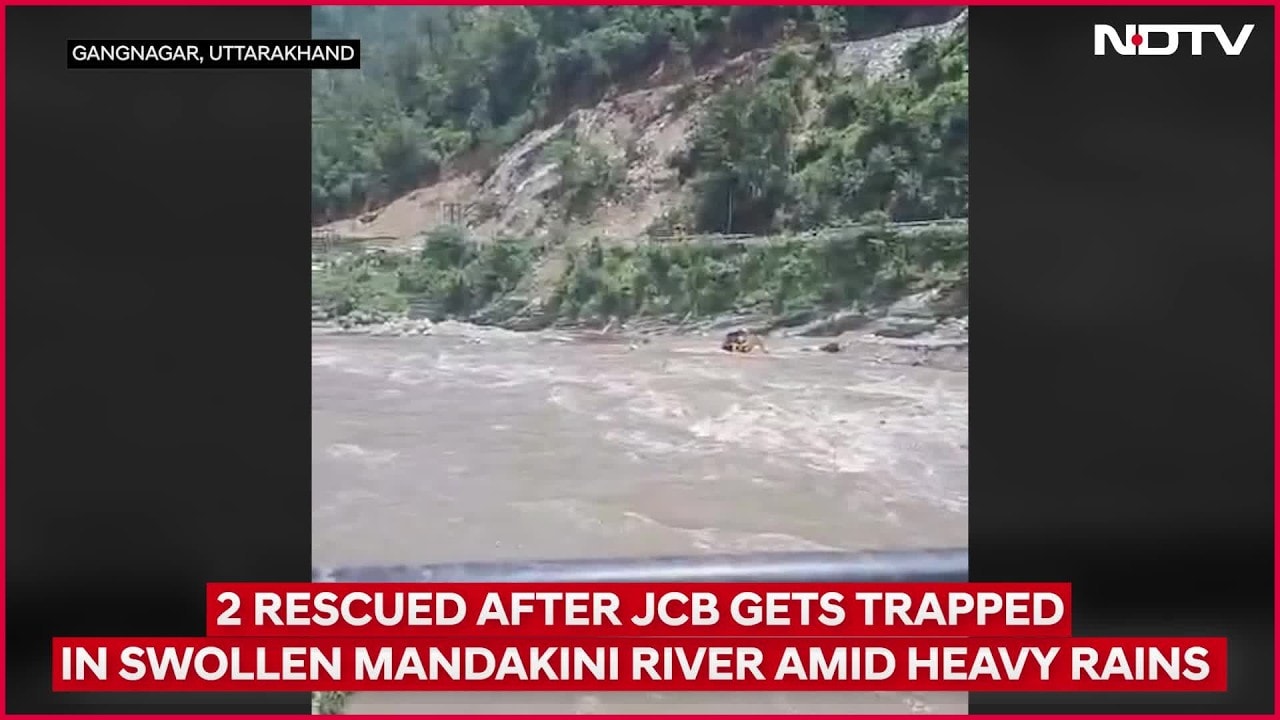 Uttarakhand News | 2 Rescued After JCB Gets Trapped In Swollen Mandakini River Amid Heavy Rains