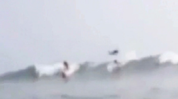 Shark jumps over surfer