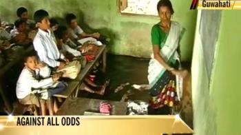 Children study, feet in water